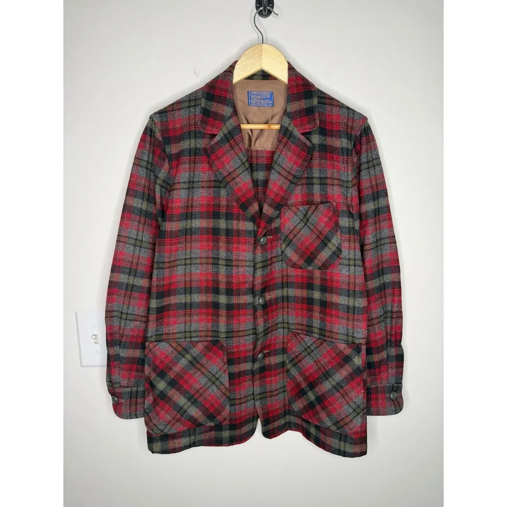 Vintage 60s 70s Pendleton Wool Blazer Mens Small Red Plaid 3 Button Patch Pocket